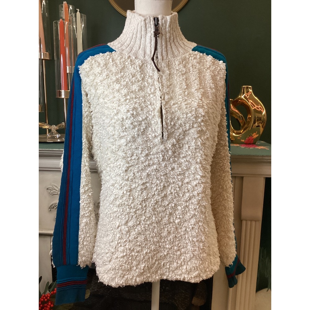 STS Ranchwear Cream Fuzzy Sherpa Quarter Zip Pullover Sweater Teal Stripe Size L
